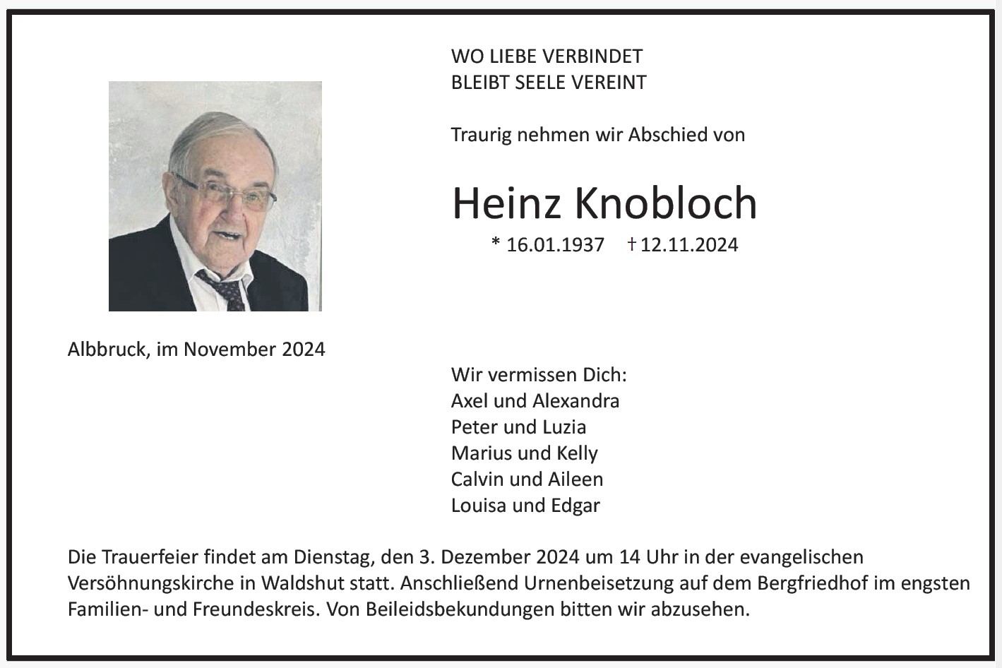 Todesanzeige Heinz Knobloch